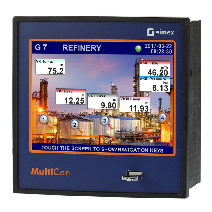 CMC-141-e Simex Multicon CMC-141 datalogger showing refinery picture